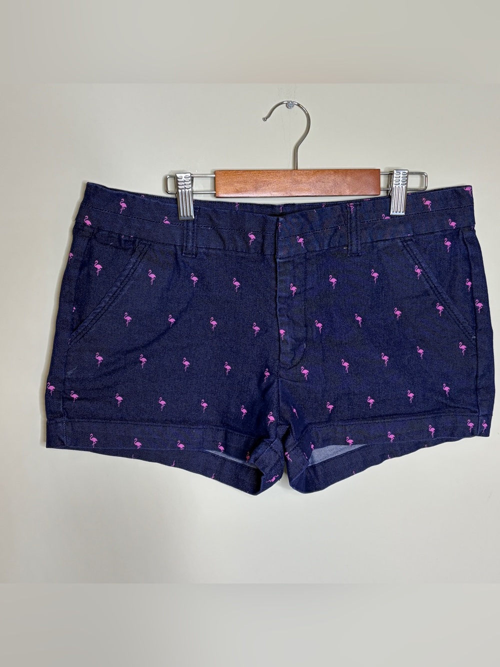 Harper Indigo Denim Shorts with Pink Flamingos Large